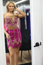 Misshow Sparkly Fuchsia Spaghetti Straps Bodycon Short Homecoming Dress/Mini Dress with Fringe